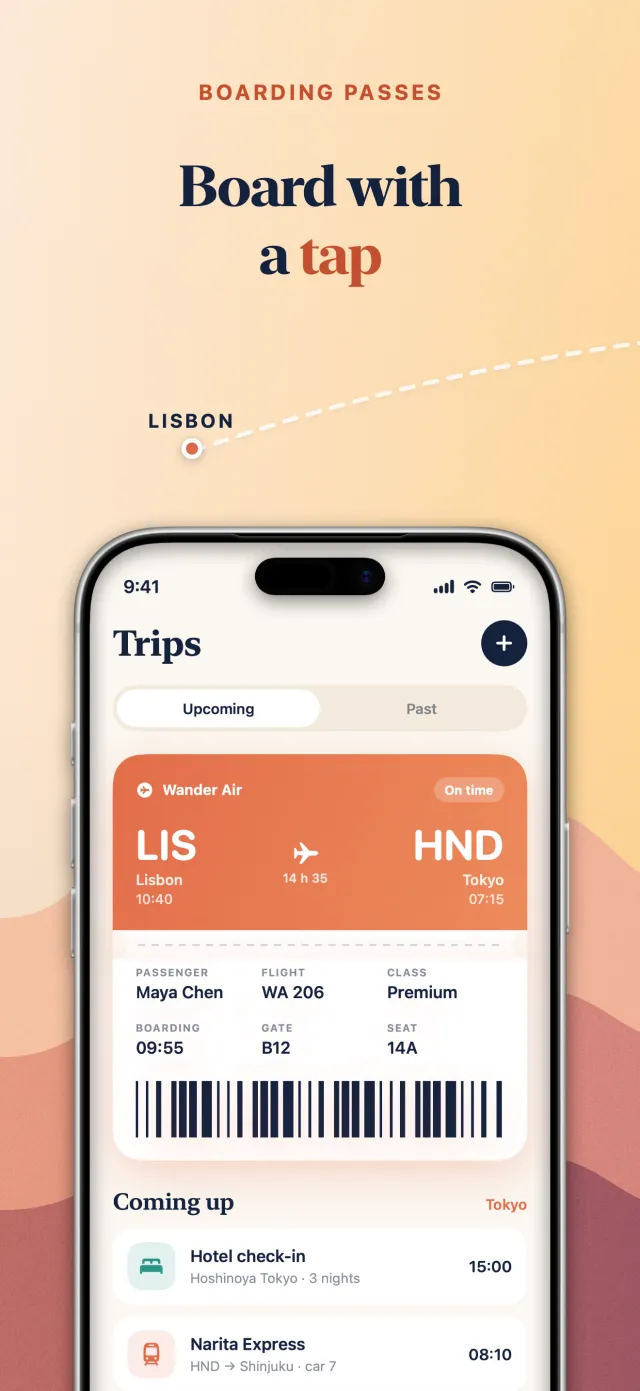 Wander's boarding pass screenshot, one of three linked App Store slots sharing a dawn-to-dusk background, exported by Screenpane