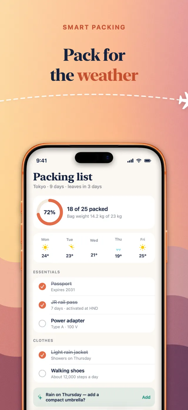 Wander's packing list screenshot, one of three linked App Store slots sharing a dawn-to-dusk background, exported by Screenpane