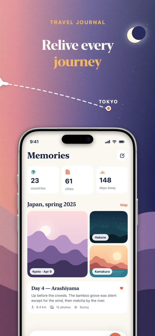 Wander's travel journal screenshot, one of three linked App Store slots sharing a dawn-to-dusk background, exported by Screenpane