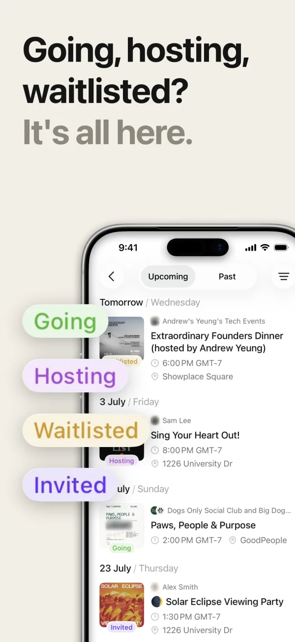 App Store screenshot made in Screenpane: Going, Hosting, Waitlisted and Invited labels lifted off an events list under the headline “Going, hosting, waitlisted? It's all here.”