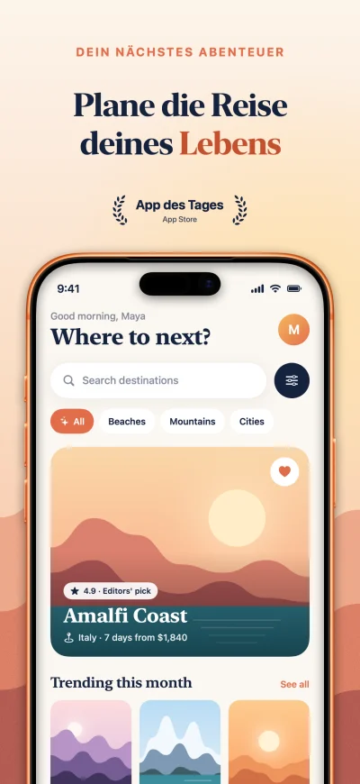 Wander App Store screenshot 1 of 6, the discover screen, captioned in Deutsch. A real Screenpane export.