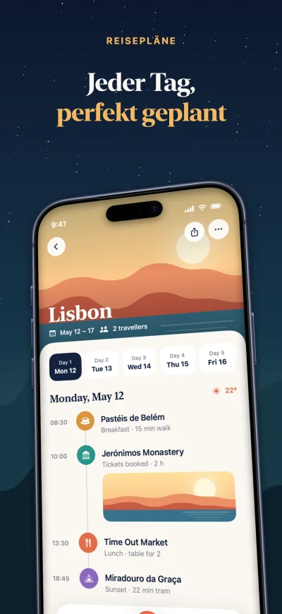 Wander App Store screenshot 2 of 6, the itinerary screen, captioned in Deutsch. A real Screenpane export.
