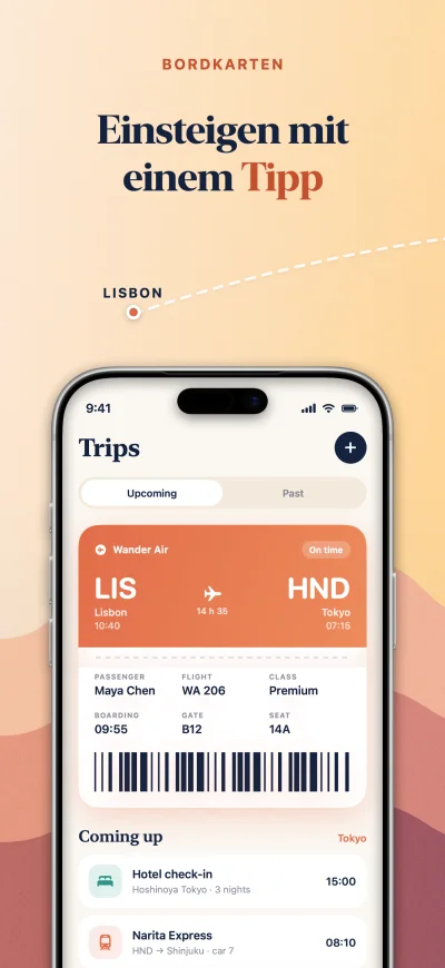 Wander App Store screenshot 4 of 6, the boarding pass screen, captioned in Deutsch. A real Screenpane export.