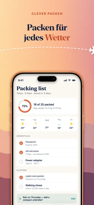 Wander App Store screenshot 5 of 6, the packing list screen, captioned in Deutsch. A real Screenpane export.