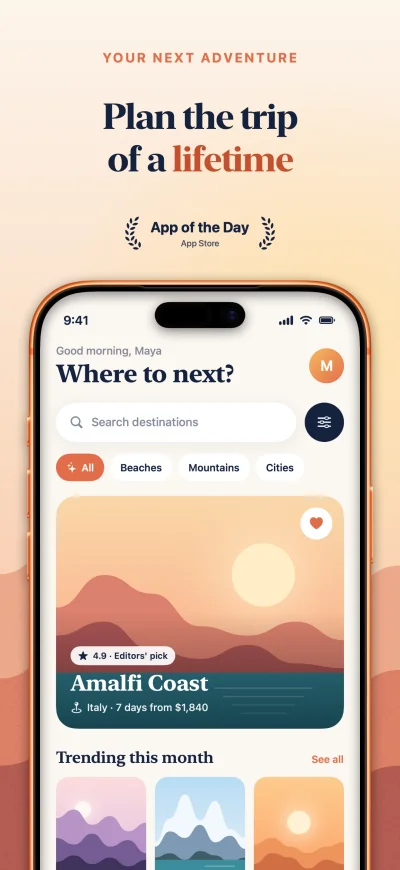 Wander App Store screenshot 1 of 6, the discover screen, captioned in English. A real Screenpane export.