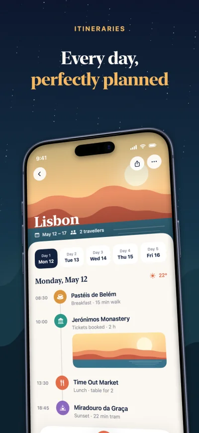 Wander App Store screenshot 2 of 6, the itinerary screen, captioned in English. A real Screenpane export.