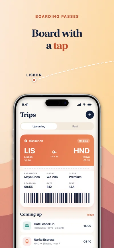 Wander App Store screenshot 4 of 6, the boarding pass screen, captioned in English. A real Screenpane export.