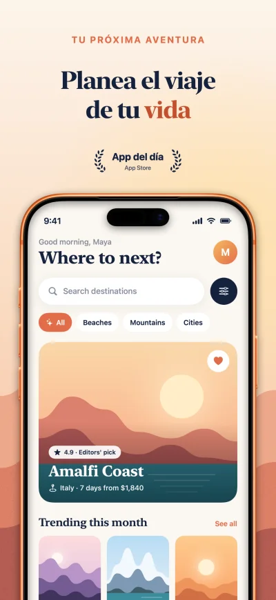 Wander App Store screenshot 1 of 6, the discover screen, captioned in Español. A real Screenpane export.