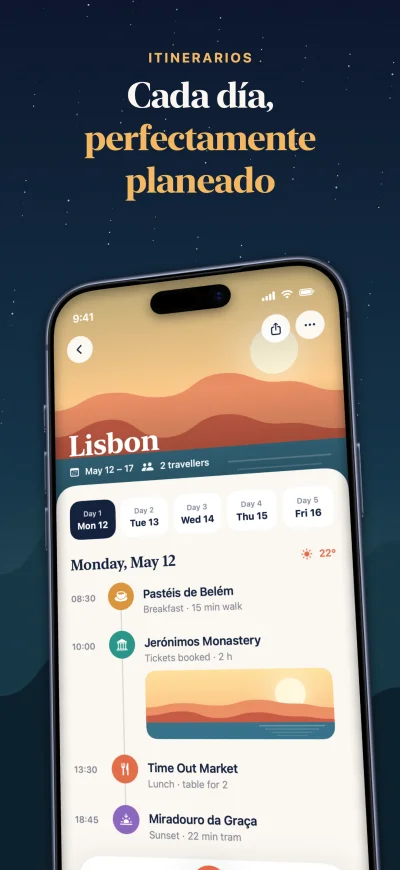 Wander App Store screenshot 2 of 6, the itinerary screen, captioned in Español. A real Screenpane export.