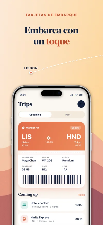 Wander App Store screenshot 4 of 6, the boarding pass screen, captioned in Español. A real Screenpane export.