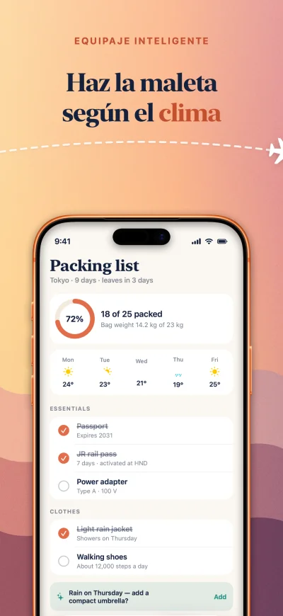 Wander App Store screenshot 5 of 6, the packing list screen, captioned in Español. A real Screenpane export.