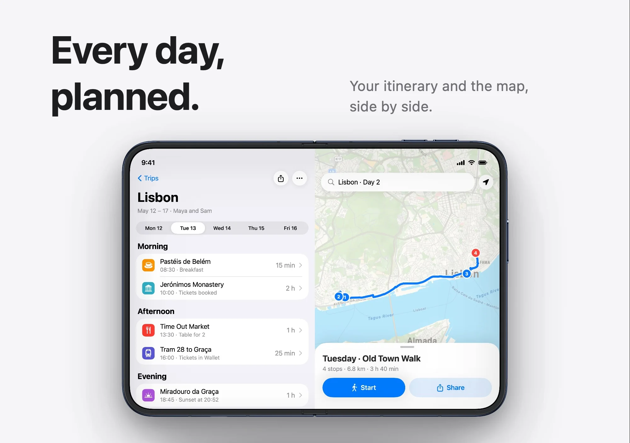 An iPhone Duo App Store screenshot: the headline Every day, planned, and the open Duo showing a Lisbon itinerary beside a map of the day's walk.
